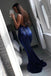 Mermaid Sequin Backless Navy Blue Evening Dresses, V Neck Long Prom Dresses DMP016