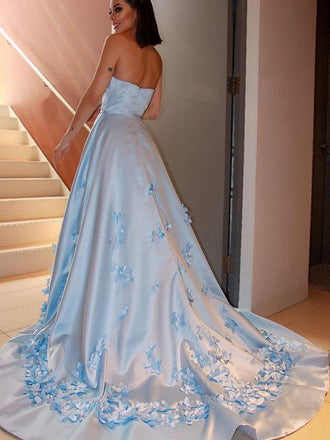 Simple A-Line Strapless Floral Appliques Satin Long Prom Dresses DMP015