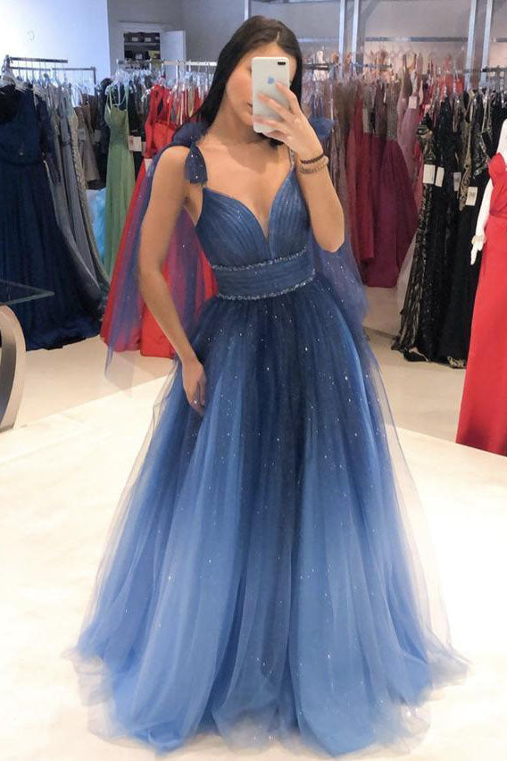 Elegant Ombre Blue Tulle Long Prom Dress A Line Formal Evening Dress DMP045