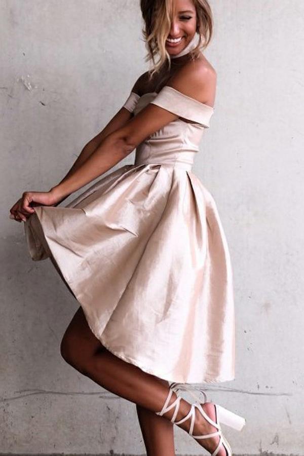 Simple A-Line Off the Shoulder High Low Satin Sleeveless Homecoming Dress DMD67