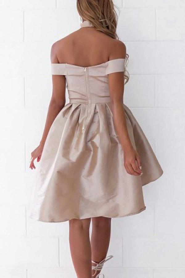 Simple A-Line Off the Shoulder High Low Satin Sleeveless Homecoming Dress DMD67