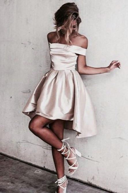 Simple A-Line Off the Shoulder High Low Satin Sleeveless Homecoming Dress DMD67