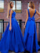 Sexy A-Line V-Neck Sweep Train Backless Royal Blue Prom Dress with Bowknot Pleats DM340