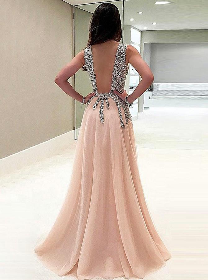 A-line V-neck Tulle Sexy Shinny Rhinestone Long Prom Dress With Slit DMA89