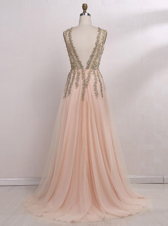 A-line V-neck Tulle Sexy Shinny Rhinestone Long Prom Dress With Slit DMA89