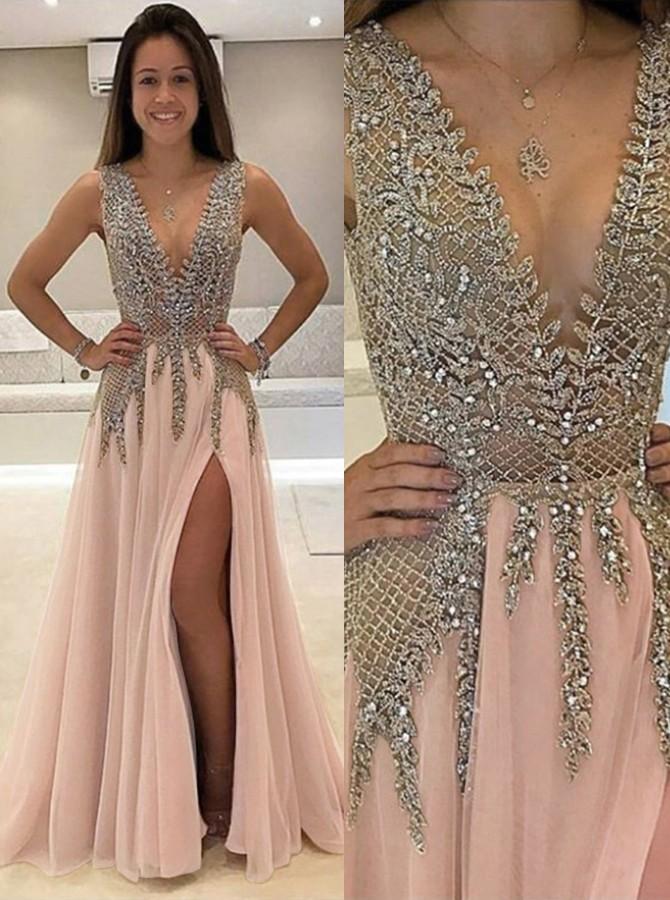 A-line V-neck Tulle Sexy Shinny Rhinestone Long Prom Dress With Slit DMA89