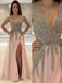 A-line V-neck Tulle Sexy Shinny Rhinestone Long Prom Dress With Slit DMA89