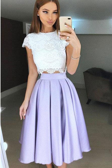 Two Piece Tea-Length Lavender Prom Homecoming Dress with Lace Pleats DML38