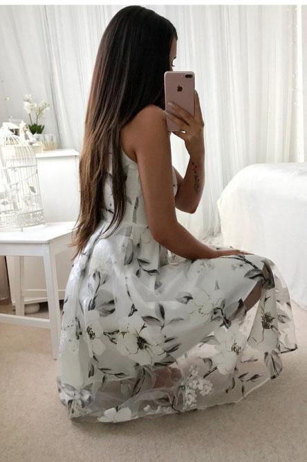 A-Line V-Neck Printed Tea Length Prom Dress with Pleats DML40