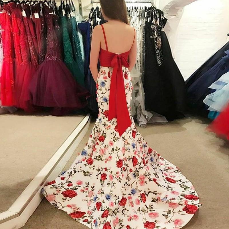 Mermaid Spaghetti Straps Floral Print Red Top Prom Dresses DMI84