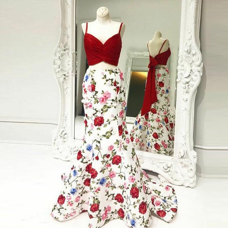 Mermaid Spaghetti Straps Floral Print Red Top Prom Dresses DMI84