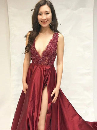 Sexy Burgundy Beaded Slit Skirt Evening Dress, Graduation School Party Gown DMI86