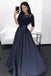 A-Line Bateau Half Sleeves Dark Blue Prom Dress with Beading Pockets DML82
