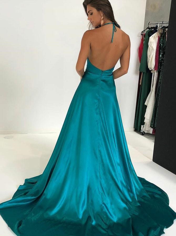 Deep V-neck Spaghetti Straps Turquoise Long Side Slit Sexy Prom Dresses DMG30