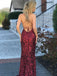 Sexy Sheath Mermaid Spaghetti Straps Criss Cross Burgundy Sequined Prom Dress DMA30