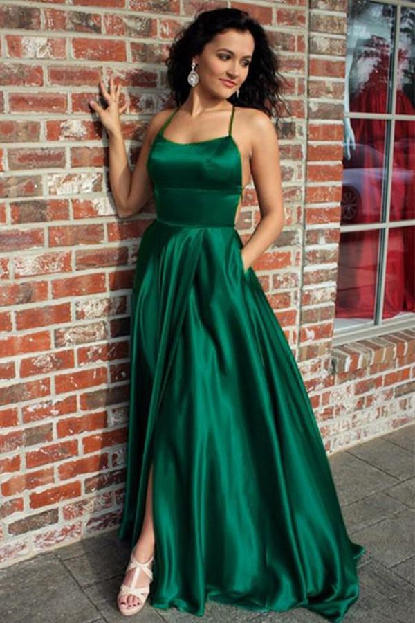 A Line Green Straps Criss Cross Back Long Prom Dresses with Pockets DMI62