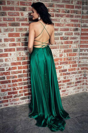 A Line Green Straps Criss Cross Back Long Prom Dresses with Pockets DMI62