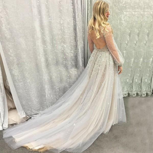 Princess A-Line Deep V-Neck Puffy Long Sleeves Tulle Prom Dress with Beading DM919
