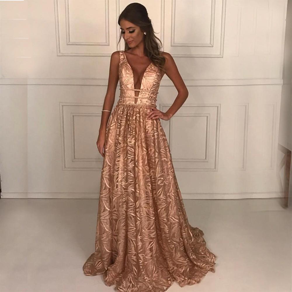 A-Line Deep V-Neck Floor-Length Lace Prom Dress with Beading DMK72