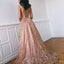 A-Line Deep V-Neck Floor-Length Lace Prom Dress with Beading DMK72