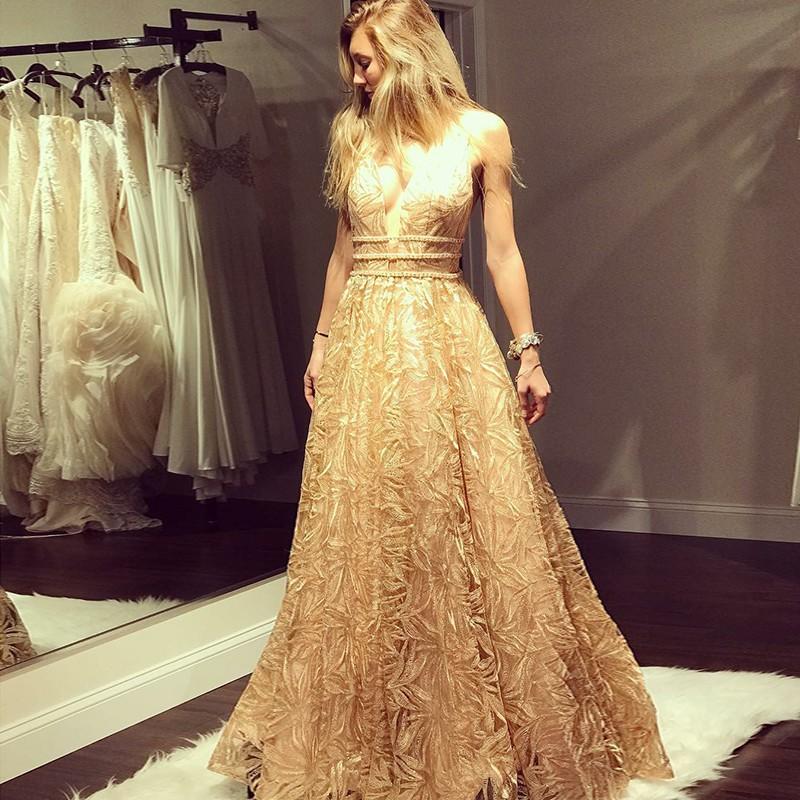 A-Line Deep V-Neck Floor-Length Lace Prom Dress with Beading DMK72