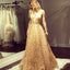 A-Line Deep V-Neck Floor-Length Lace Prom Dress with Beading DMK72