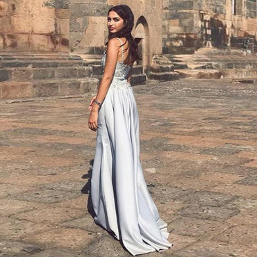 Mermaid Spaghetti Straps Detachable Silver Prom Evening Dress with Appliques DMQ66