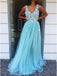 A-Line V-Neck Floor-Length Tulle Long Prom Dress with Appliques DMQ96