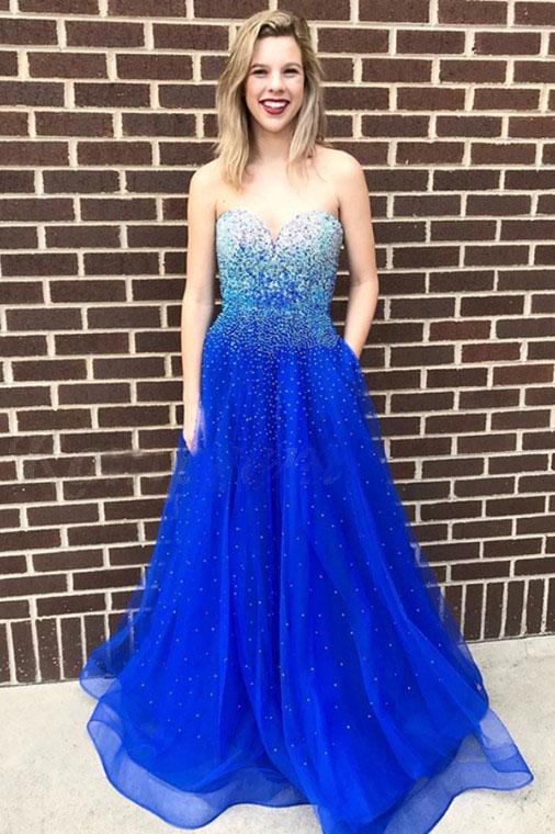 A-Line Sweetheart Floor-Length Royal Blue Prom Dress with Beading Pockets DMQ93