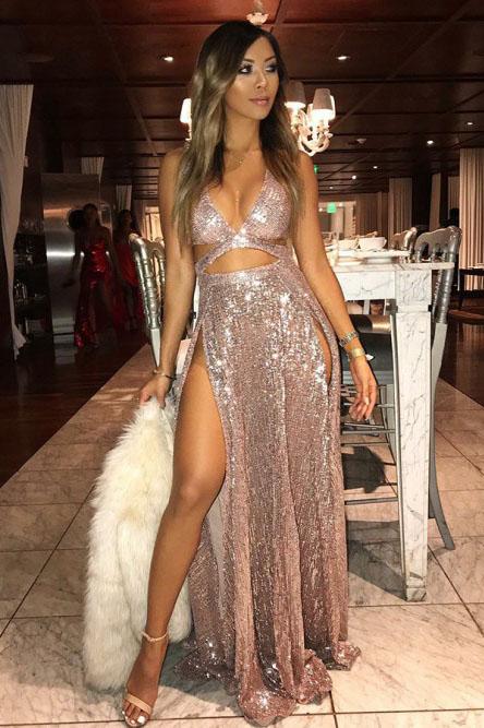 Sexy Sequins Long  Prom Dresses With Slit, Cheap Party Dress DML32