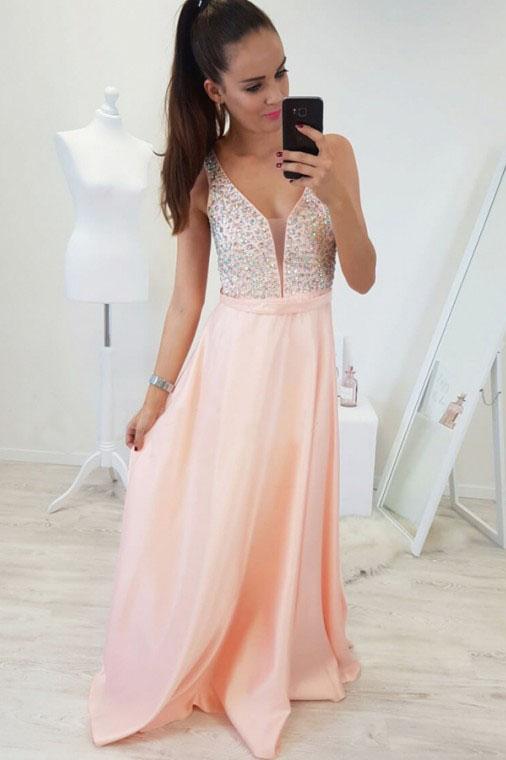 A-Line V-Neck Floor-Length Pearl Pink Prom Dress with Beading DMR6