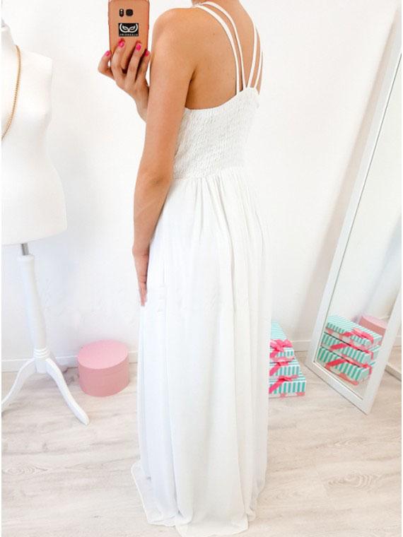 A-Line Crew Floor-Length White Chiffon Prom Dress with Pearls DMR5