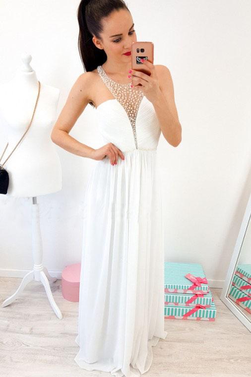 A-Line Crew Floor-Length White Chiffon Prom Dress with Pearls DMR5