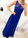 A-Line Round Neck Floor-Length Royal Blue Prom Dress with Lace Pleats DMR4