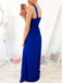 A-Line Round Neck Floor-Length Royal Blue Prom Dress with Lace Pleats DMR4