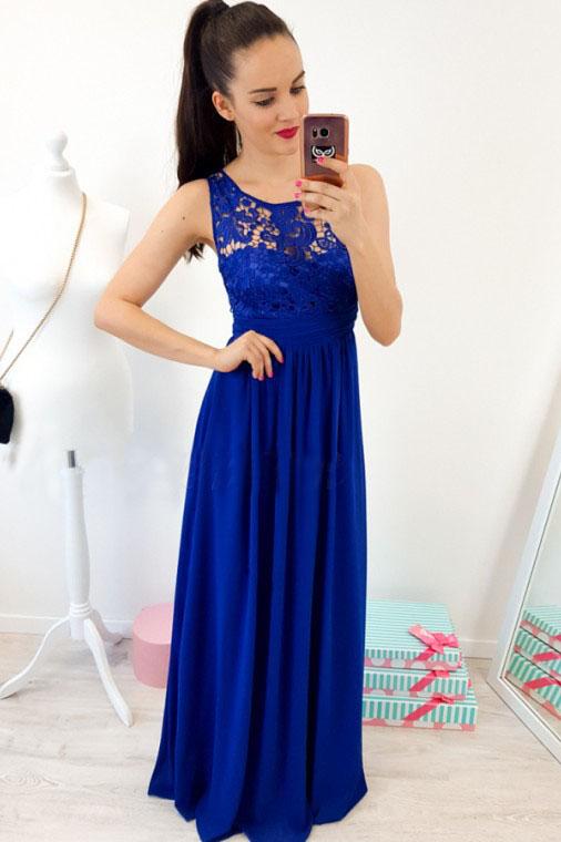 A-Line Round Neck Floor-Length Royal Blue Prom Dress with Lace Pleats DMR4