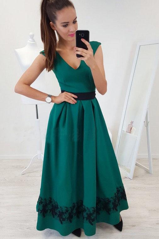 A-Line V-Neck Cap Sleeves Floor-Length Dark Green Prom Dress with Lace Pleats DMR3