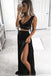 Two Piece V-Neck Floor-Length Black Chiffon Prom Dress with Lace Bodice DMQ99