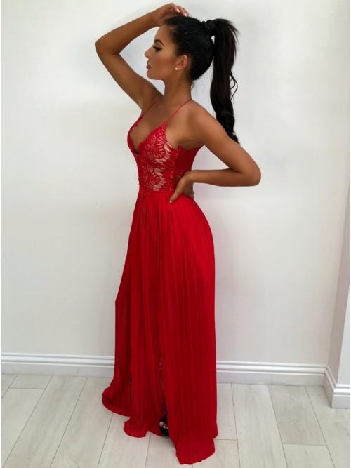 A-Line Spaghetti Straps Red Chiffon Prom Dresses with Lace Split DML33