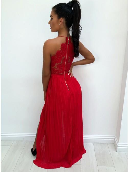A-Line Spaghetti Straps Red Chiffon Prom Dresses with Lace Split DML33