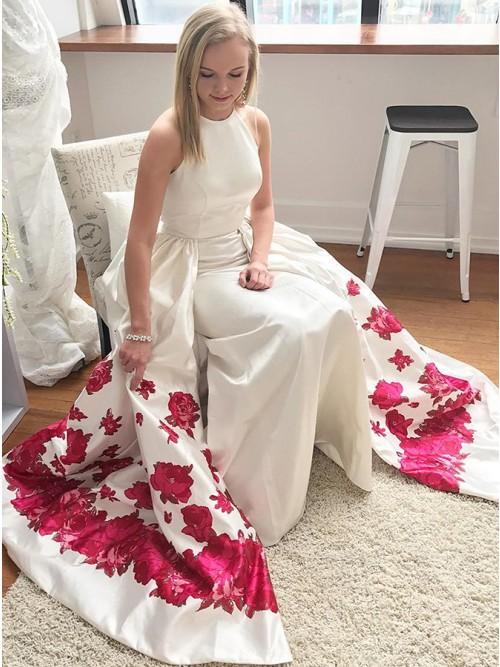 A Line Sleeveless Long White Printed Detachable Prom Dress DML36