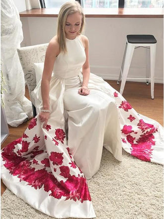 A Line Sleeveless Long White Printed Detachable Prom Dress DML36