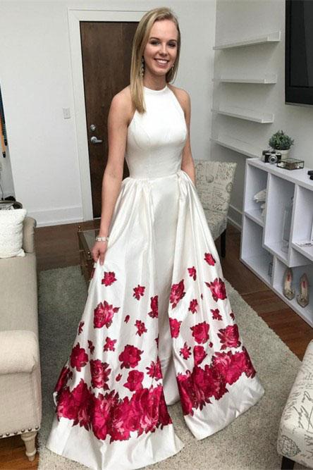 A Line Sleeveless Long White Printed Detachable Prom Dress DML36