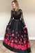 Two Piece Crew Long Sleeves Black Floral Printed Prom Dress with Lace DML34