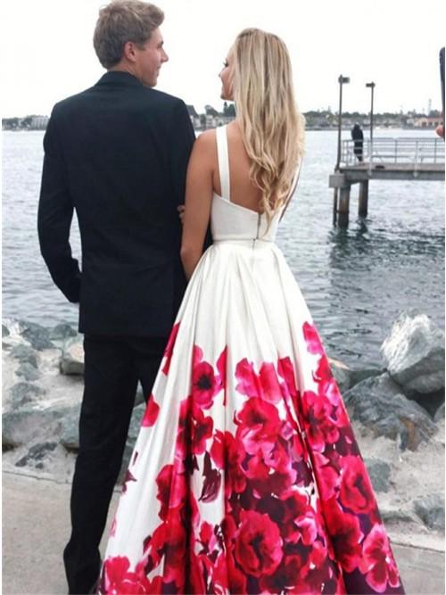 New Arrival Two Piece Sleeveless White Printed Prom Dress DML35