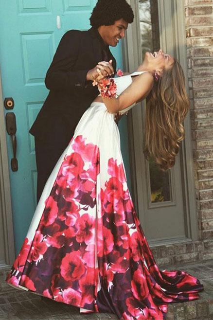 New Arrival Two Piece Sleeveless White Printed Prom Dress DML35