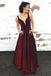 A-Line V-Neck Long Burgundy Prom Dress with Pockets Floral Appliques DMQ90