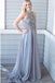 Charming A-Line Crew Sweep Train Grey Chiffon Prom Dress with Beading DML42