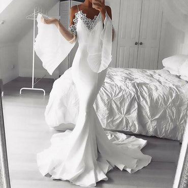 Mermaid Cold Shoulder Flare Sleeves White Prom Dress with Lace DMK68