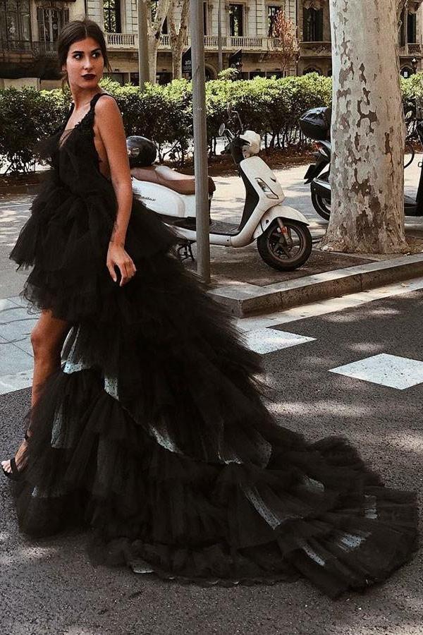 Beautiful A-Line V-Neck High Low Backless Black Tulle Prom Dresses DMG98